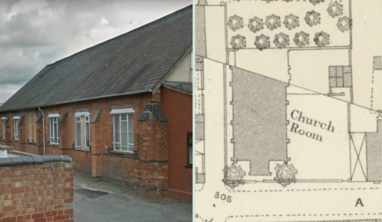 A side-by-side showing a photo of the building as it is now, compared to the same building on an old Ordnance Survey Map.