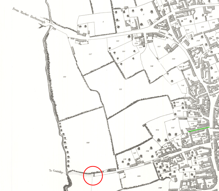A map of old Kettering showing where Pudding Bag Lane was, with a described gate circled.