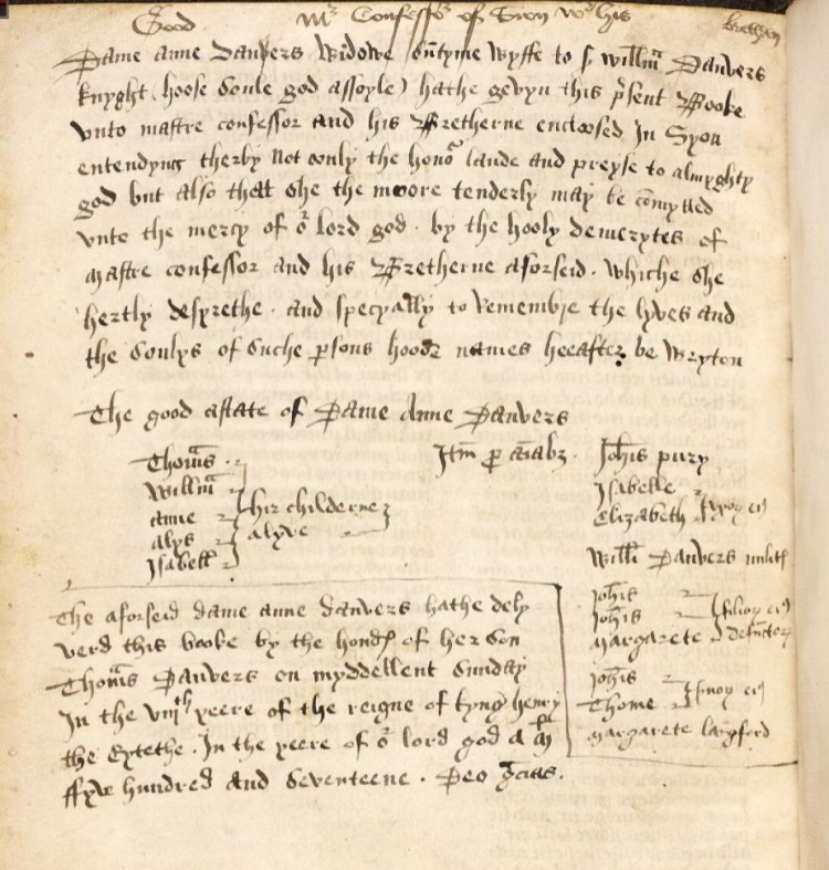 Dame Anne Danvers, widowe, sumtyme wyffe to Sir Will""
Danvers Knt., hoose soule God assoyle, hathe gevyn this  present booke unto mastre confessor & his Brethrene
encloosed in Syon entendying therby not oonly the hono^"
lande & preyse to almighty god but also that she the moore
tenderly may be commytted unto the mercy of o*" lord god by
the hooly demerytes of mastre confessor and his Bretherne
aforeseid, whiche she hertly desyrethe & specyally to
remember the lyves and the soulys of suche persons hoose
names heerafter be wryten.